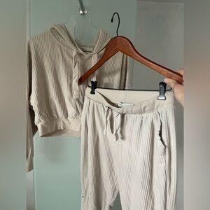 Cream Ribbed Knit Cropped Hoodie and Jogger set